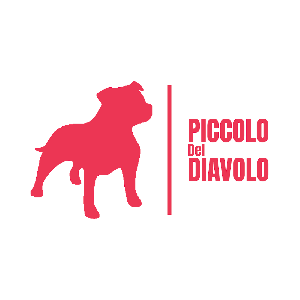 Rotes Logo mit Staffordshire-Bull-Terrier-Silhouette und dem Schriftzug "Piccolo Del Diavolo"